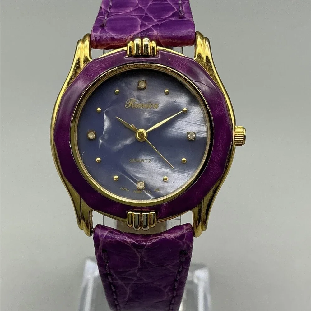 Vintage Ronica Womens Watch 31mm MOP Gold Tone Purple Leather Band New Battery